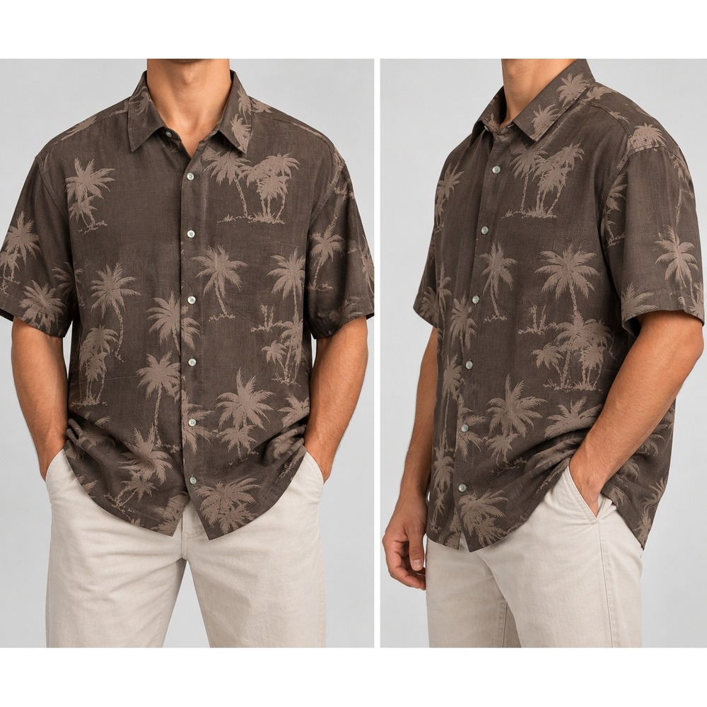 Campia Moda Mens XXL Brown Palm Tree Tropical Rayon Short Sleeve Button Down
